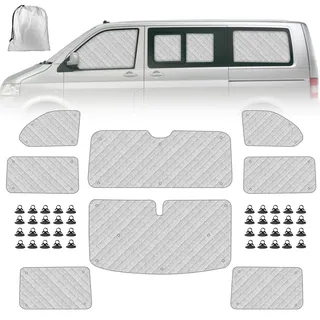 Sonnenschutz Auto Frontscheibe Ersatz für VW T5 T6 LWB, 8PCS Sonnenschutz Windschutzscheiben Schutz Set, Internes Thermisches Jalousie Fenster Set mit Aufbewahrungstasche, 100% Okklusion (8PCS-LWB)