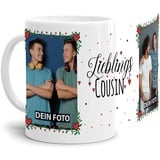 Tasse - Lieblings-Cousin - zum selbst Gestalten mit zwei Fotos - Fototasse für den Cousin - Keramik, Weiß, 300 ml