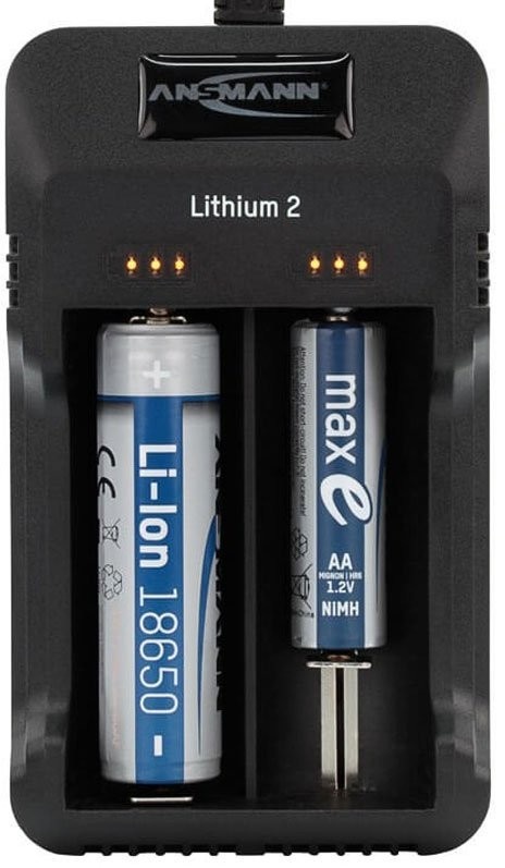 ANSMANN Lithium 2 Ladegerät für 1-2 Li-Ion Akku 3,6V, 3,7V mit LED-Ladestatusanzeigen, schwarz