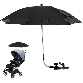 Deuson UPF 50+ Sonnenschirm Sonnenschutz für Kinderwagen & Buggy,mit Verstellbarer Klemme und flexiblem Arm,Biegsam Einstellbar,UV Schutz,Schirm,mit Gerader Schirmgriff (Schwarz, 82CM) - 82CM