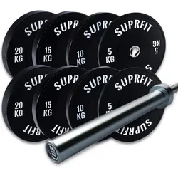 Suprfit Econ Bumper Plates White Logo Set, 100 kg Set Pro Training Bar - 20 kg One Size