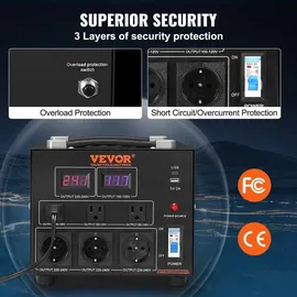 Vevor 3000W Spannungswandler Transformator AC 110V⇋220V Transformer Wandler 3 US NEMA 5-15R 3-polige Ausgangssteckdosen, 3 europäische Shucko-Ausgangssteckdosen, 1 USB-Buchse und 1 Typ-C-Buchse