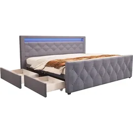Home Deluxe - Polsterbett VELARA - 140 x 200 cm, Farbe: Dunkelgrau, gepolstertes Kopfteil mit LED Beleuchtung, inkl. 4 Schubladen I Doppelbett Komf... - Dunkelgrau