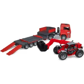 Bruder 02774 - MAN TGA LKW mit Tieflader und Manitou Teleskoplader rot 1:16