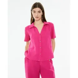 SYSTEM ACTION für Damen. V25CA420 Fuchsiafarbenes Leinenhemd (L), Lässig, Rosa, Kurzarm