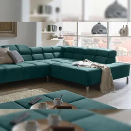 KAWOLA Ecksofa Nelson Velvet Recamiere rechts mit motorischem Sitzvorzug smaragd