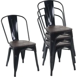 Mendler 4er-Set Stuhl HWC-A73 inkl. Holz-Sitzfläche, Bistrostuhl Stapelstuhl, Metall Industriedesign stapelbar schwarz -