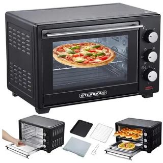 Steinborg Minibackofen 25 Liter | Pizzaofen | 3 in 1 Backofen Backofen mit Umluft 1600 Watt Schwarz