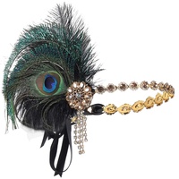 Duriya Damen 1920s Stirnband Blatt-Medaillon Kristall Feder Art Deco Gatsby Kostüm Accessoires 20er Jahre Accessoires Flapper Feder Haarband Charleston für Karneval Fasching Kostüm (Y-Gold Pfau Feder)