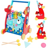 Lauflernhilfe, 2-in-1 Holz Baby Lauflernwagen mit Gummibereifung, Baby Lauflernhilfe mit 10 Interaktive Aktivitäten,Montessori-Holzspielzeug, Gehfrei Baby ab 6 Monate