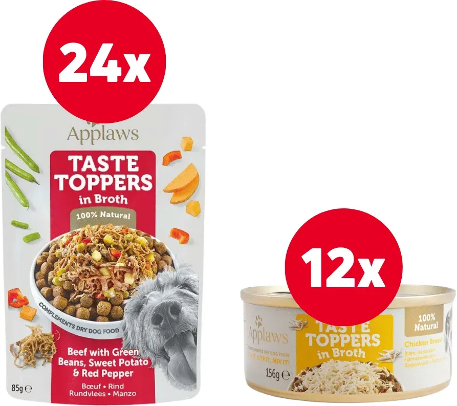 APPLAWS Taste Toppers Rindfleisch, grüne Bohnen, Paprika in Brühe 12 x 85 g + APPLAWS Taste Toppers Hähnchenbrust in Brühe 156 g GRATIS