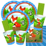 spielum 68-teiliges Party-Set Kleiner Fuchs - Teller Becher Servietten Trinkhalme für 16 Kinder