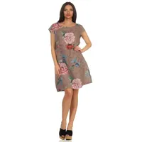 Mississhop Sommerkleid Damen Leinenkleid Kleid 100% Leinen Blumenprint M.327 braun