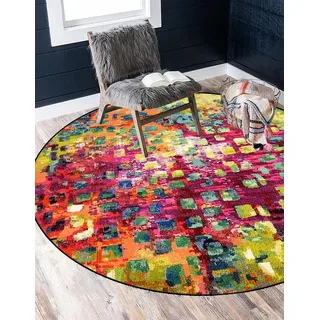ZVEZVI Teppich Rund, Runde Teppiche 200 Rosa und Grün Bunt Boho Waschbar rutschfest Wohnzimmer Schlafzimmer