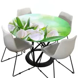 Morbuy Rund Tischdecke Elastisch, 3D Tulpe Rund Tischdecken Wasserdicht Lotuseffekt Abwaschbar Abwischbar Tischtuch für Dekoration Küchentisch Garten Outdoor (Durchmesser 90cm,Weiße Tulpe)