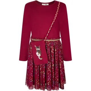 Midikleid HAPPY GIRLS, Mädchen, Gr. 128, N-Gr, berry, Sweatware;Mesh, Obermaterial: 95% Baumwolle, 5% Elasthan. Futter: 100% Baumwolle. Unterteil: 100% Viskose, bedruckt, unifarben, regular fit normal, Rundhals, Kleider, mit kleiner Umhängetasche mit Pailletten