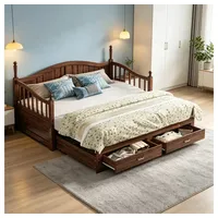 MODFU Schlafsofa Multifunktionales Zwei-in-Eins-Tagesbett, Ausziehbares Schlafsofa aus Massivholz 90x190cm bis 180x190cm – Mit eleganter römischer Säule, geschwungener Rückenlehne, Stauraum-Schubladen, stabiler Lattenrost, ohne Matratze