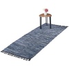 Flickenteppich, 80 x 200 cm, Baumwolle & Leder, Teppichläufer, Fransen, rutschfest, Fleckerlteppich, blau/grau