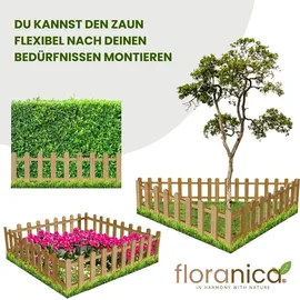 Floranica 4 Stk. Zierzaun aus Holz 100 x 40 cm Natur imprägniert Steckzaun als Beeteinfassung Rasenkante Tierzaun Bauernzaun - Braun/Grau/Weiß/Grün