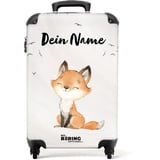 NoBoringSuitcases.com® Koffer personalisiert, Kinder Koffer 55x40x20cm Handgepäck Trolley, Kindergepäck - Kinder Handy - Fuchs mit Vögeln - Leicht - Koffer mit Namen Initialen Fotokoffer