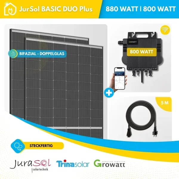 Balkonkraftwerk 880 Watt 800 Watt Bifaziale Doppelglas Solarmodule Growatt Neo - JurSol BASIC DUO Plus