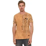 RUSTY NEAL T-Shirt RUSTY NEAL, Herren, Gr. M, braun (camelfarben), 100% Baumwolle, bedruckt, normal, Rundhals, Shirts T-Shirt, im Used-Look mit Allover-Print