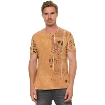 RUSTY NEAL T-Shirt RUSTY NEAL, Herren, Gr. M, braun (camelfarben), 100% Baumwolle, bedruckt, normal, Rundhals, Shirts T-Shirt, im Used-Look mit Allover-Print