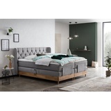 Belanoti Boxspringbett EON (Boxspringbett 180x200 elektrisch verstellbar Bett 180x200 mit Motor, 7-Zonen Taschenfederkern Matratze inklusive Visco Topper), in der Farbe Hellgrau H2/H3 Polsterbett Motorbett mit Eiche grau