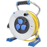 as - Schwabe Xperts Doppelrohr Metallkabeltrommel 50 m K35 AT-N07V3V3-F 3G1,5 mit 3 Schutzkontaktsteckdosen inkl. Klappdeckel, USB Port, Spannungsanzeige, IP44, Made in Germany, Silber, 22733