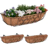 Relaxdays Blumenkasten Balkon, 3er Set, Balkonkasten zum Einhängen, Eisen & Kokosfaser, HBT 21 x 76 x 22 cm, braun/Natur