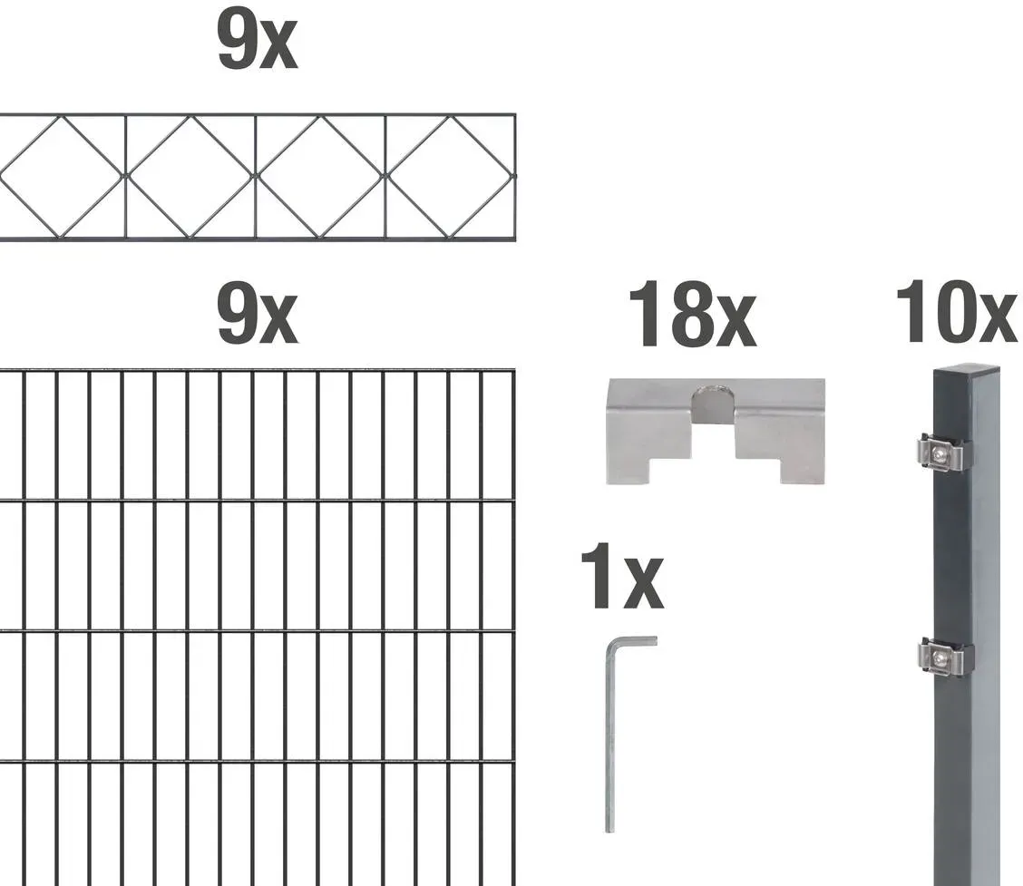 Alberts Komplettset Doppelstabmatte mit Dekorstreifen Bergen, Anthrazit, Mattenbreite 2 m, Zaunset