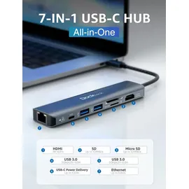 Dockteck USB C Hub Dockteck 7-in-1 Dock DD0003 USB C Adapter, Ethernet LAN RJ45, 4K 60Hz HDMI, 100W Power Delivery, 2 USB 3.0 Ports und SD/microSD für iPhone 15 Pro MacBook M1, iPad Pro, Surface Pro und Mehr
