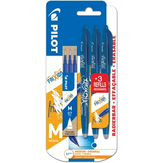 PILOT Frixion Ball radierbarer Tintenroller FR7, mittlere 0,7 mm Spitze, Blisterpackung mit 3 Stiften + 3 Ersatzminen, blaue Tinte