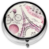 Paris Eiffelturm, runde Pillendose mit Blumenmotiv, 5,1 x 5,1 x 1,8 cm, niedliche Mini-Reise-Medikamenten-Organizer-Box für Geldbörse, Tasche