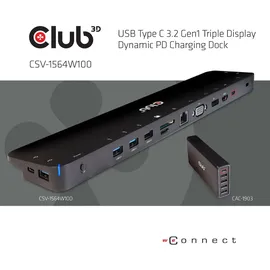 Club 3D USB Gen1 Typ-C Triple Display Dynamic PD Charging Dock m. 100 Watt
