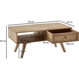 FineBuy Couchtisch  Braun  Massivholz/Rattan  90 x 40 x 45 cm
