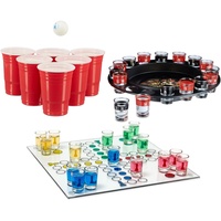 Relaxdays 3 teiliges Trinkspiel Set XXL für Erwachsene, Drinking Ludo, Trink-Roulette, Beer Pong Becher rot, Partyspiel, Saufspiel, ab 18