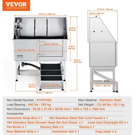 Vevor Professionelle Hundepflegewanne 1574,8mm Edelstahl Tierbadewanne Hundewaschstation 200kg Hunden Pflege Dusche Hundewaschanlage Haustierpflege...