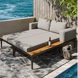 Outdoor-doppelliege Aus Metall Und Polyester In Grau, Modular Teilbar, Mit Holzablagen Und Abnehmbaren Polstern, 150x140x30 Cm