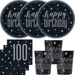 100. Geburtstag Partyset Einweggeschirr schwarz silber 48 tlg. Partygeschirr Teller Becher Servietten