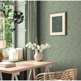 A.S. Création Nara Vliestapete mit floralem Muster 0,53 x 10,05 m Grün, Hellgrün – Blumentapete mit Blättermotiv Made in Germany – 387473