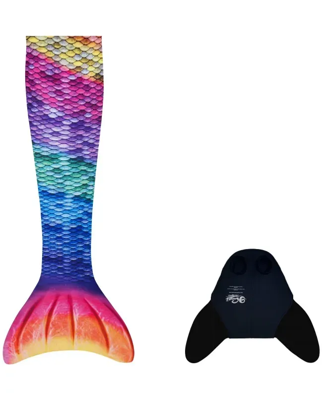 Meerjungfrauenflosse Set mit Monoflosse XS+S Rainbow Polypropylen Neopren bunt - Kuaki Mermaids - Waschbar, Kinder ab 8 Jahren