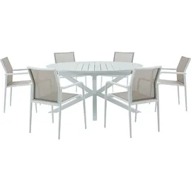 vente-unique Garten-Essgruppe: Tisch, ausziehbar 150/200 cm, – 6 stapelbare Sessel – Aluminium - Hellgrau & Weiß - YOHA... von MYLIA