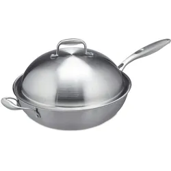Relaxdays Wok, Ø 32 cm, Edelstahl unbeschichtet, Gas-, Elektro-, Induktionsherd, Wokpfanne mit Deckel & Griff, silber