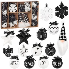 Brubaker 24 Stück Christbaumschmuck Black and White - Weihnachtskugel Set mit Wichtel Zwergen, Schneeflocken, Merry, Peace, Joy und Noel Baumkugeln mit schwarzen Schleifen - Weiß und Schwarz