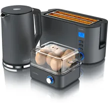 Arendo Frühstücks-Set 3-teilig, 4-Scheiben Langschlitztoaster, 8er Eierkocher, 1,5L Wasserkocher, Grau