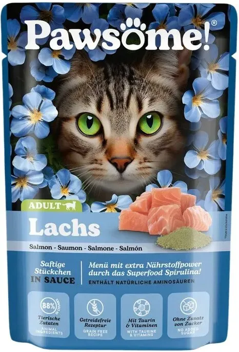 PAWSOME Katzen-Nassfutter Adult Lachs - 28 x 85g Beutel - Alleinfutter mit 88 % tierischen Zutaten, getreidefrei, ohne Zuckerzusatz