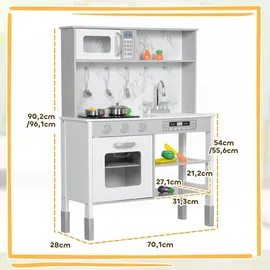 aiyaplay Kinderküche Spielküche mit Elektroherd, Mikrowelle, Spüle & Wasserhahn, Höhenverstellbar Puppenküche mit Kochgeschirrset, Rollenspielküchenzubehör für 3-8 Jahre Kinder, Weiß