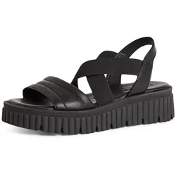 Keilsandalette TAMARIS, Damen, Gr. 39, schwarz, Leder, modisch, Schuhe, Plateau, Riemchensandale, Sommerschuh mit Kreuzbandage
