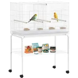 PawHut Vogelkäfig mit Trennwand für Vögel mit Rollen, 4 Futternäpfe, 4 Sitzstangen und herausnehmbarer Tablett, Käfig für Papageien, Kanarienvögel, Wellensittiche, 94 x 57 x 128 cm, Weiß